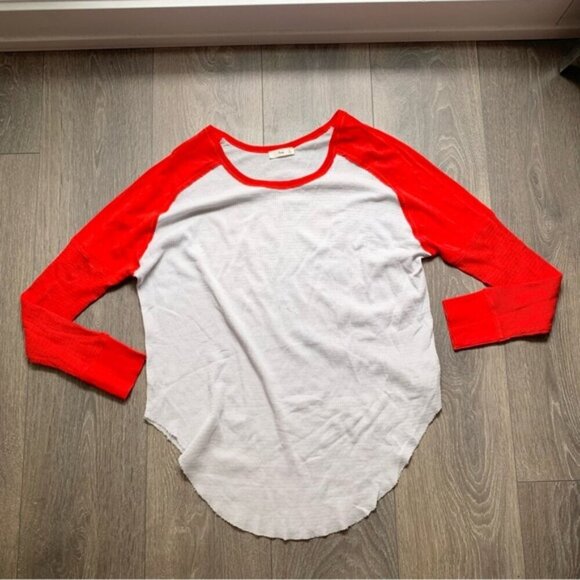TNA Aritzia Baseball Henley T-shirt Top Waffle knit 3/4 length sleeve Red Size S - Picture 5 of 16
